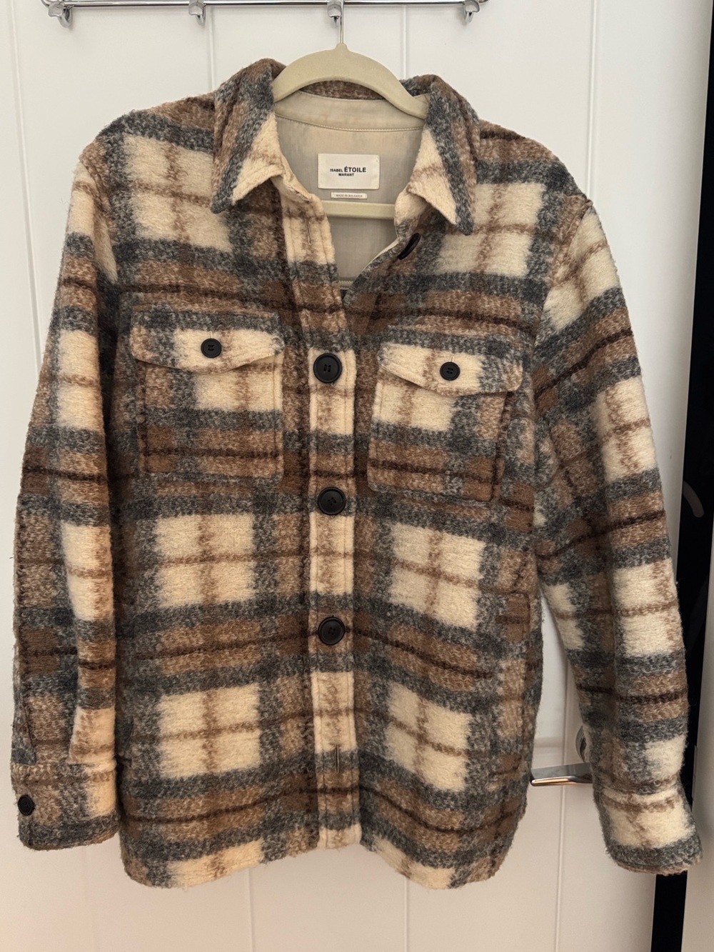 Isabel Marant Etoile Gastoni Plaid Teddy Jacket in Cream, Brown & Gray SZ M